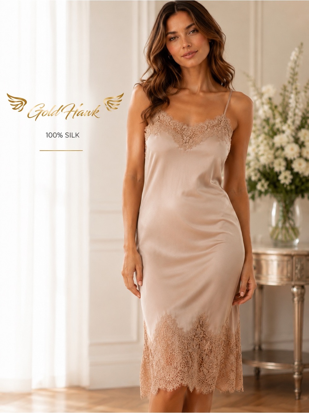 NWT Gold Hawk 100% Silk & Lace Slip Dress in “Gardenia” Beige Size Small